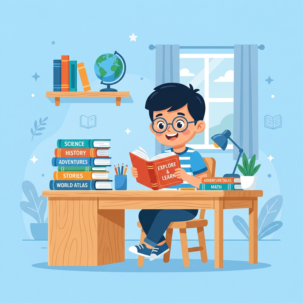 Boy reading book vector illustration